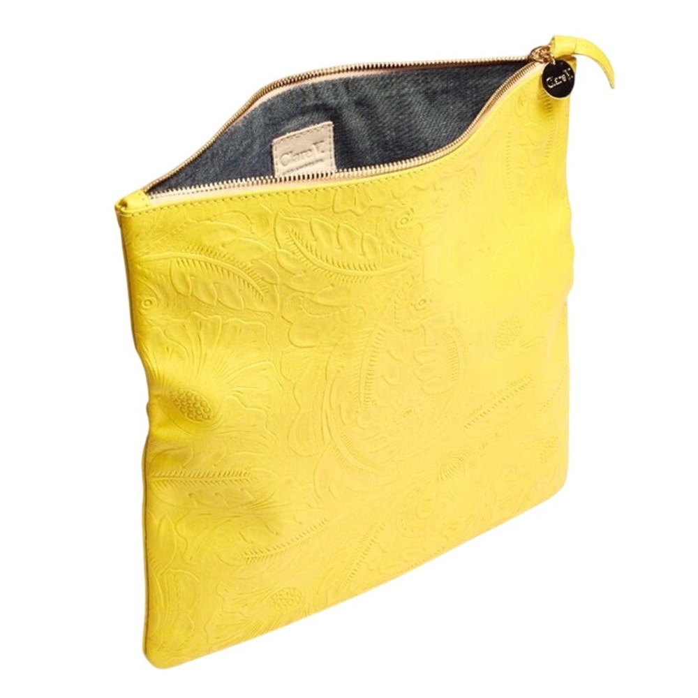Clare V. Floral Embossed Yellow Flat Leather Clutch Bag Boho Travel Summer Artsy